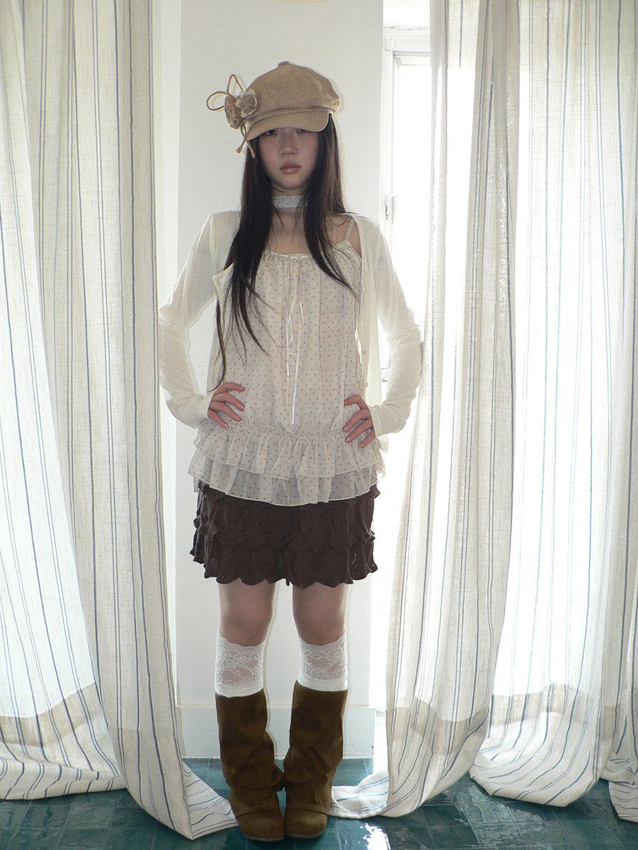Polka Dot Ruffle Camisole & Cardigan Set with Scarf