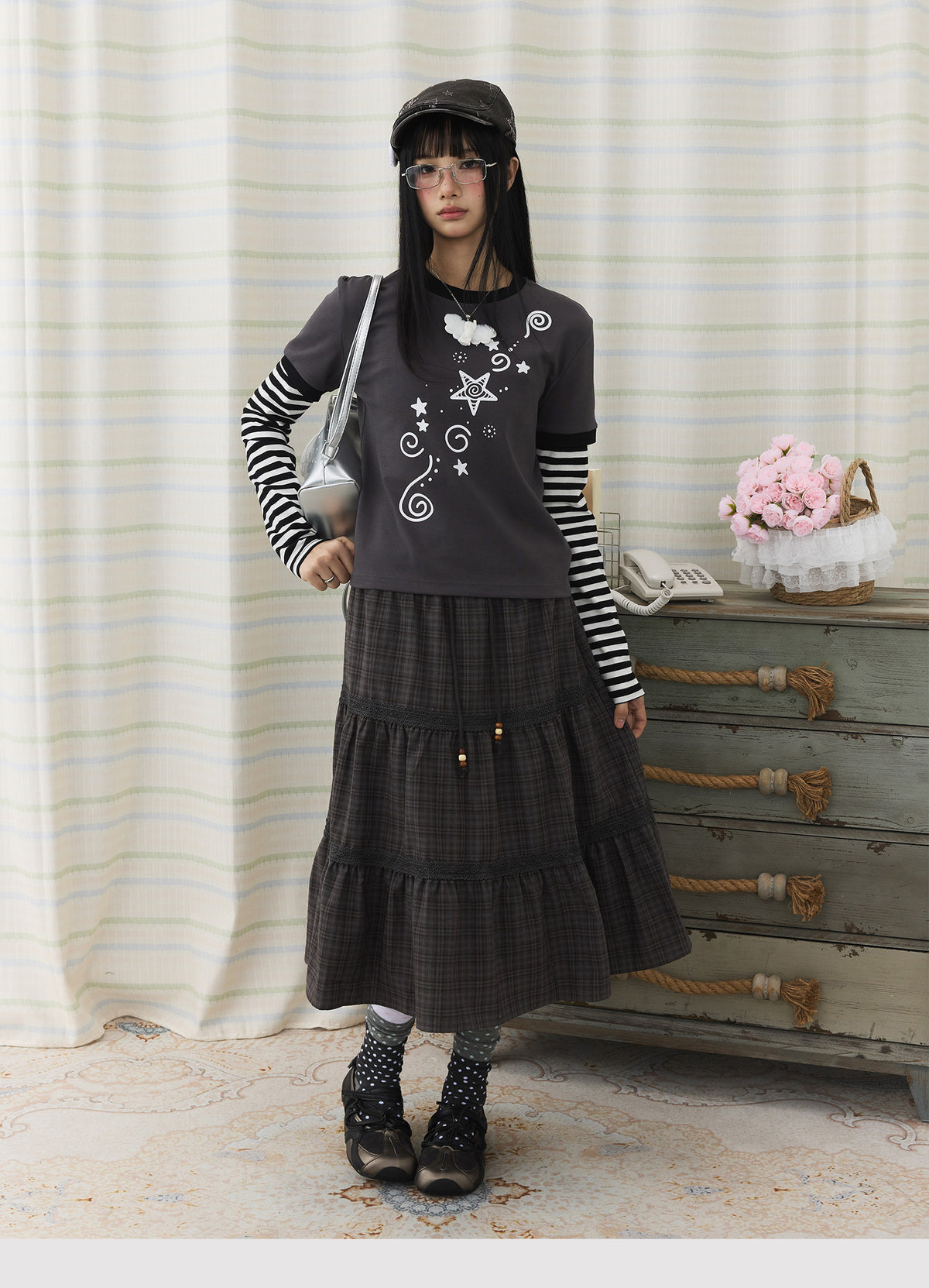 Plaid Tiered Lace Trim Midi Skirt