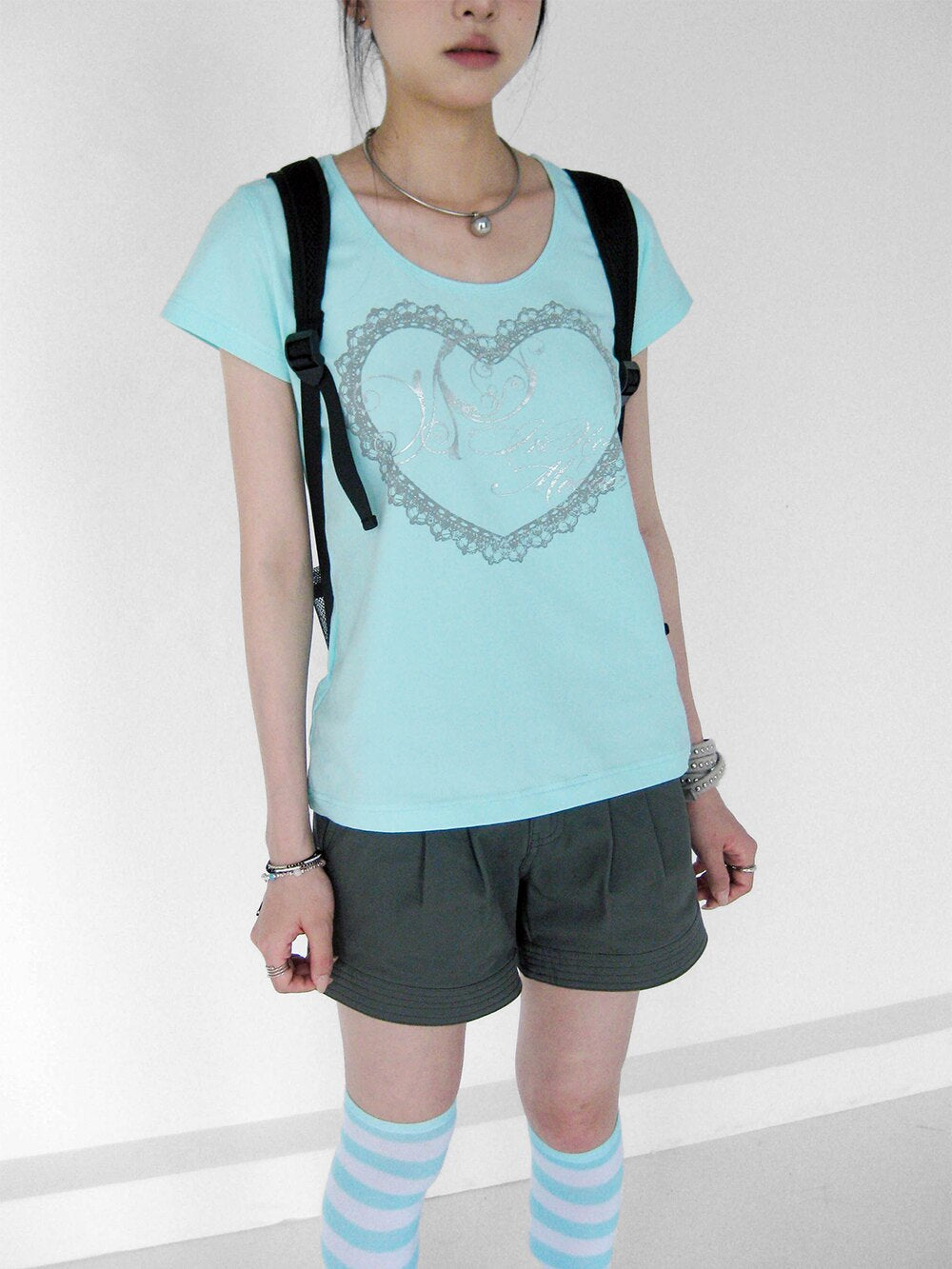 Silver Lace Heart Scoop-Neck Fitted Tee