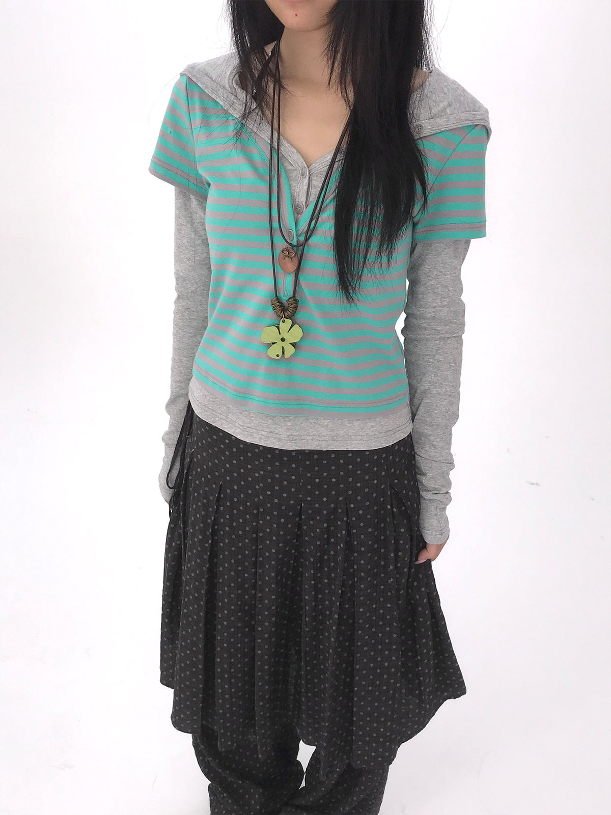 Striped Faux-Layered Hooded Long Sleeve Top