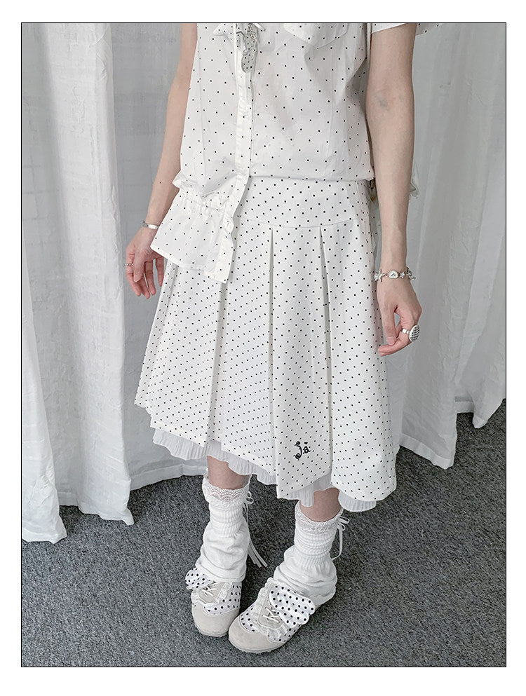 Polka Dot Pleated Ruffle Midi Skirt