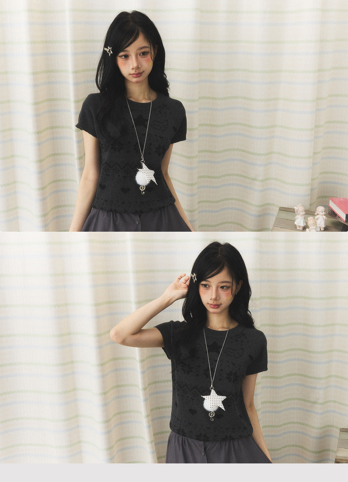 Vintage Jacquard Knit Short Sleeve Top