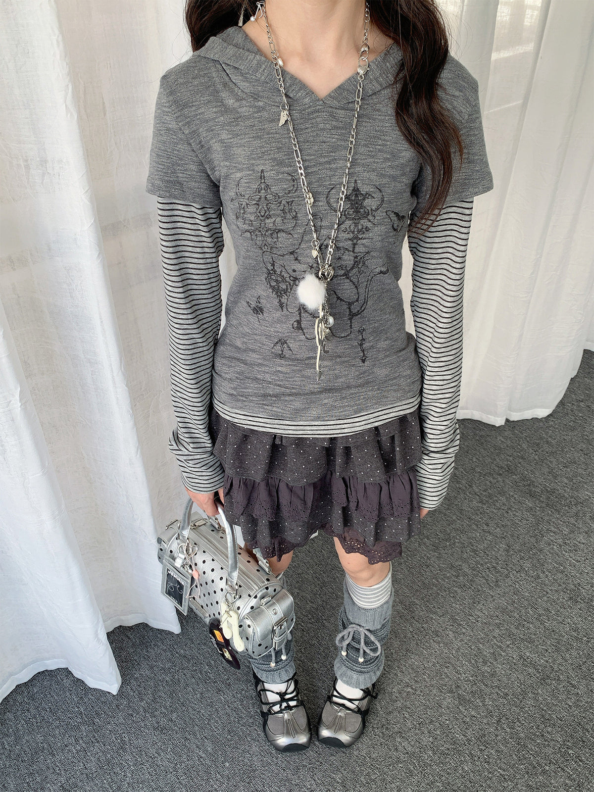 Striped Layered Hooded Graphic Long Sleeve Top