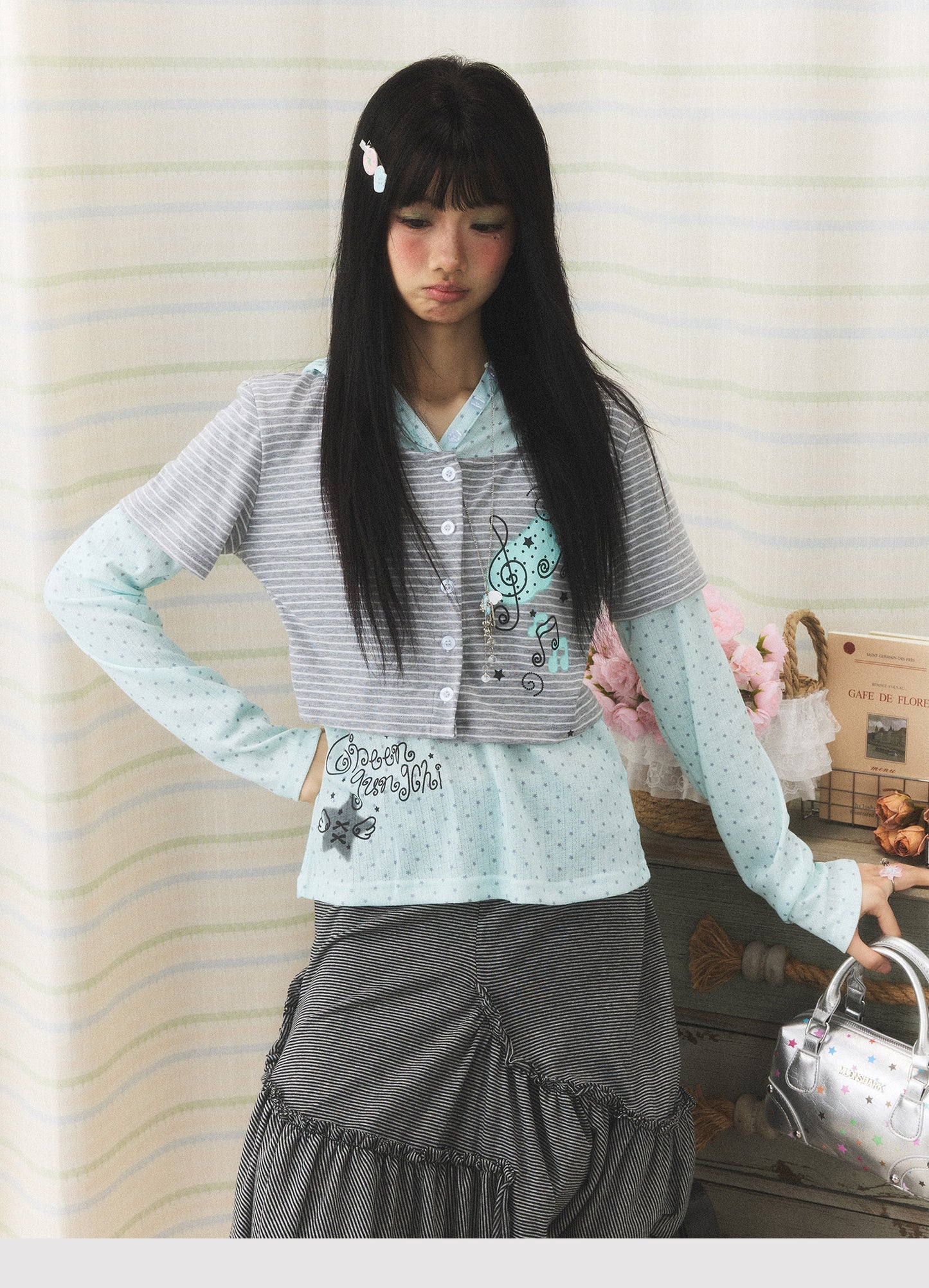 Mint Melody Faux-Layer Hooded Long-Sleeve Top