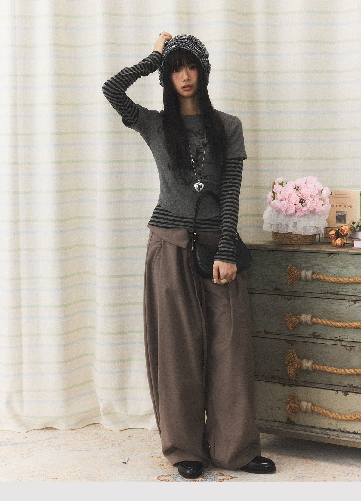 Foldover Tie Wide-Leg Trousers