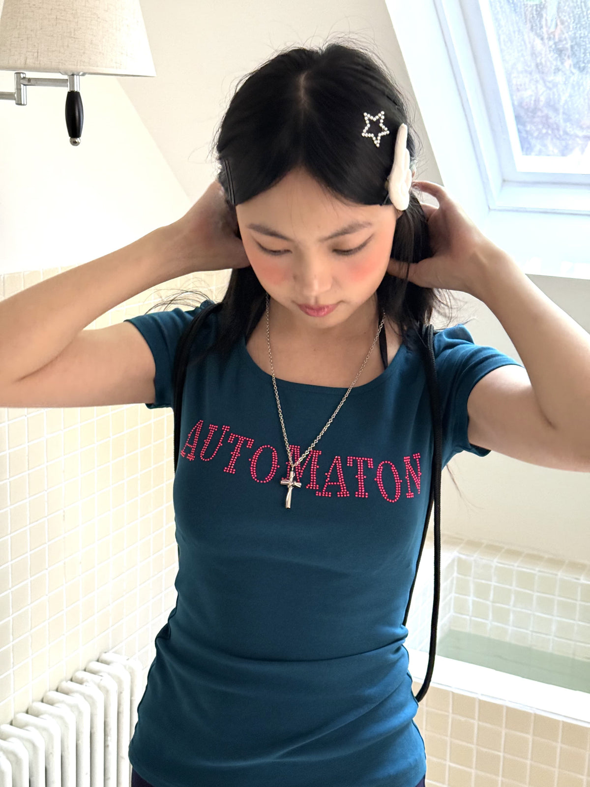 Dark Navy Rhinestone Letter Fitted Baby Tee