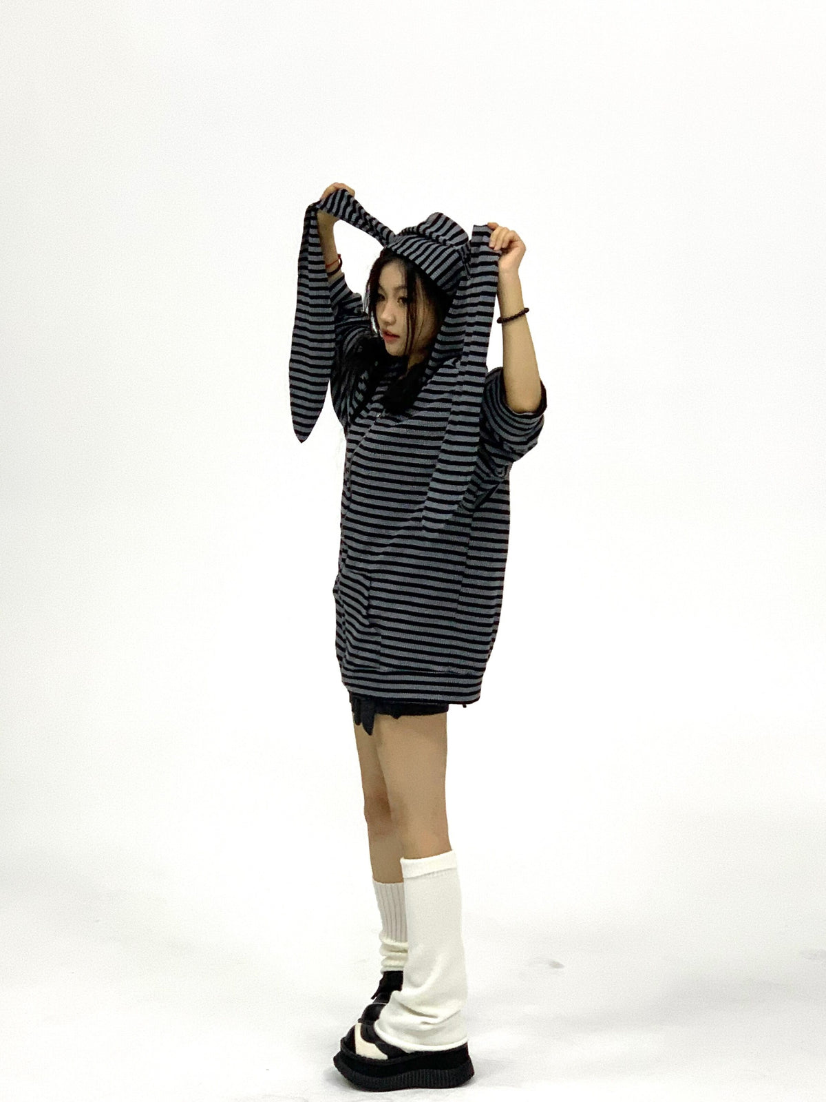 Shadow Stripe Bunny Ear Zip Hoodie