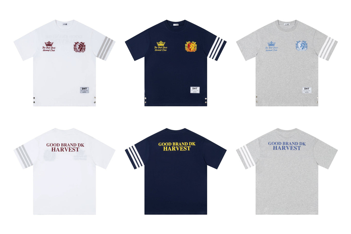 College Snap Button Tee — Stripe Sleeve Loose Fit