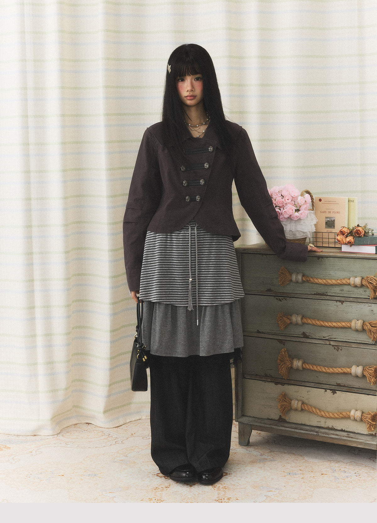 Striped Layered Skirt Wide-Leg Pants