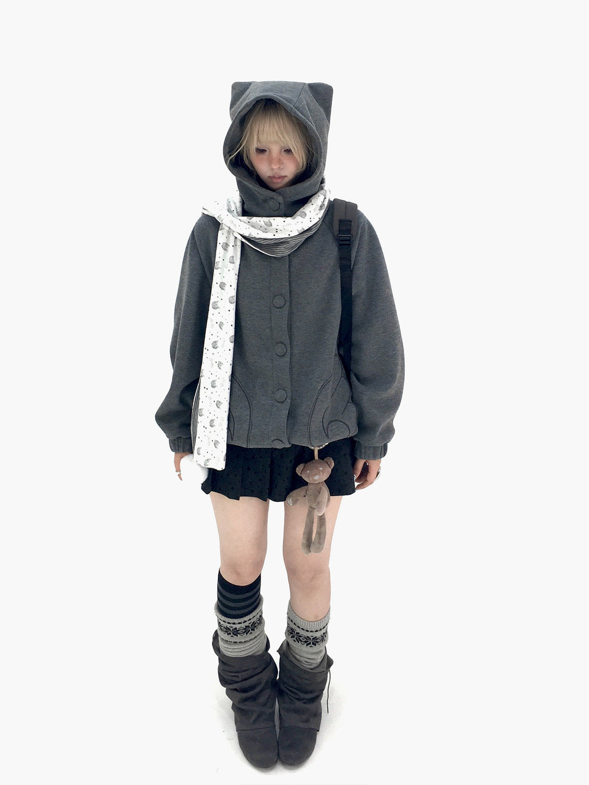 Cloud Gray Cat Ear Wing Pocket Hooded Jacket