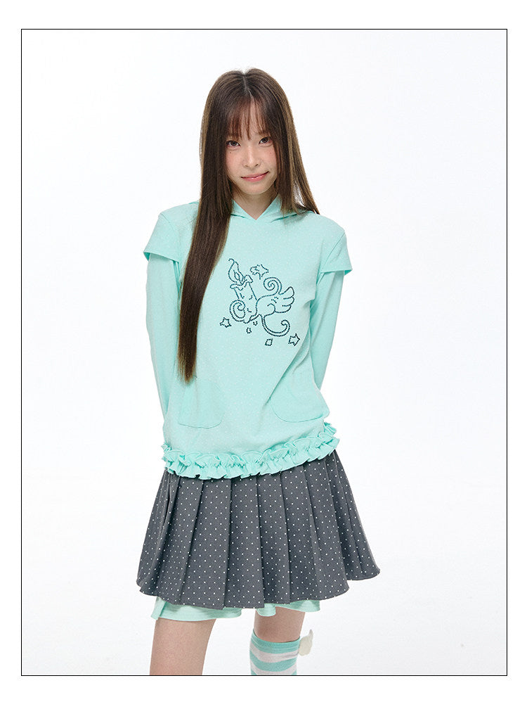 Rhinestone Graphic Faux-Layer Ruffle-Hem Hoodie