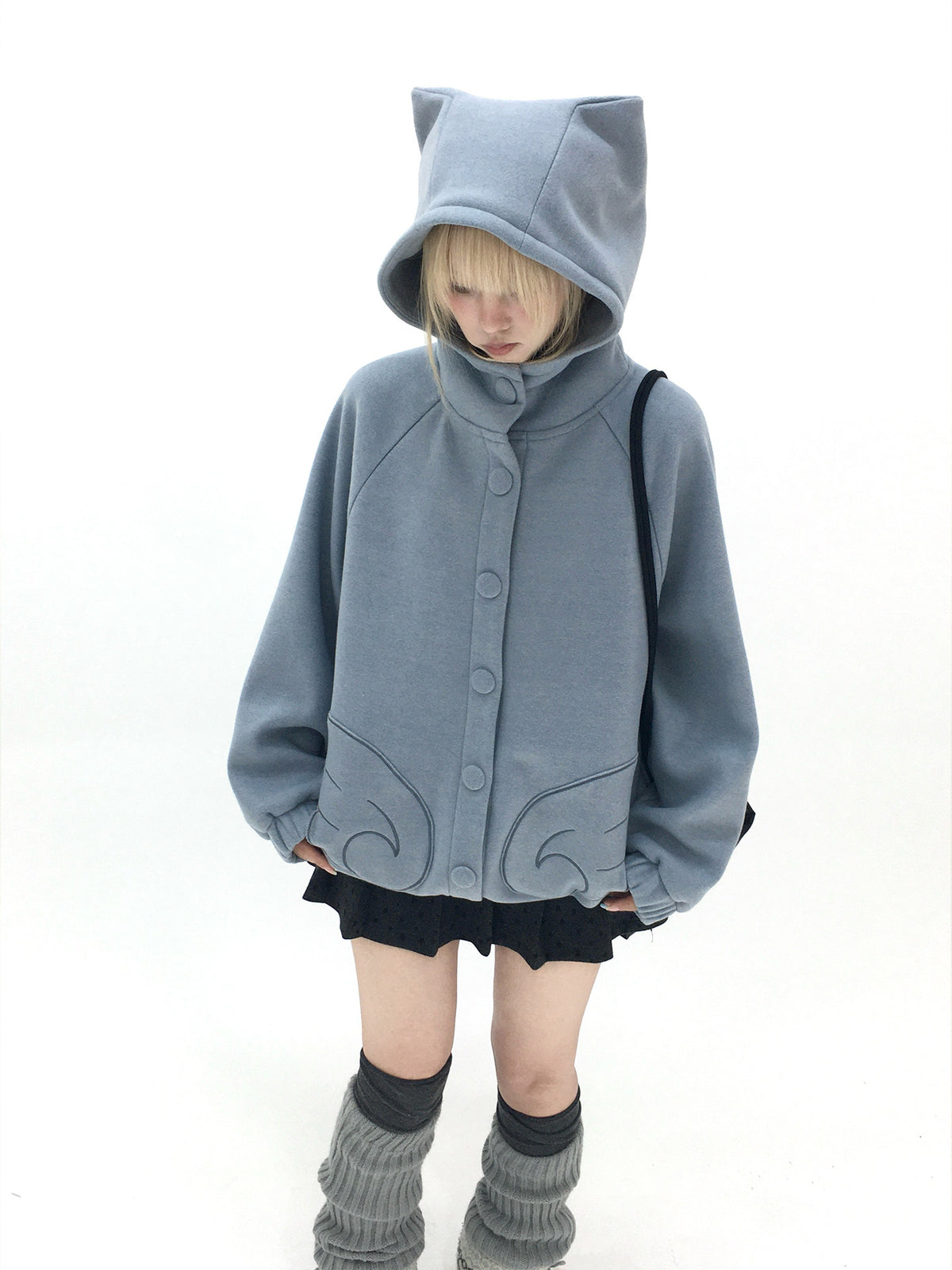 Dusty Blue & Ivory Fleece-Lined Cat Ear Wing Pocket Hooded Jacket