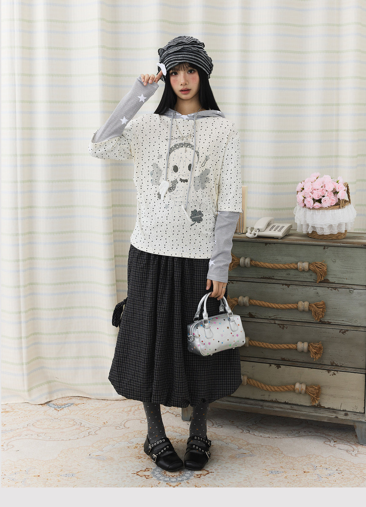 Cartoon Star Print Faux-Layer Hooded Top