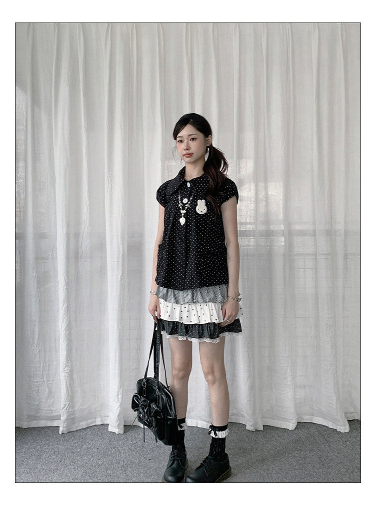 Polka Dot Bunny Patch Puff-Sleeve Shirt
