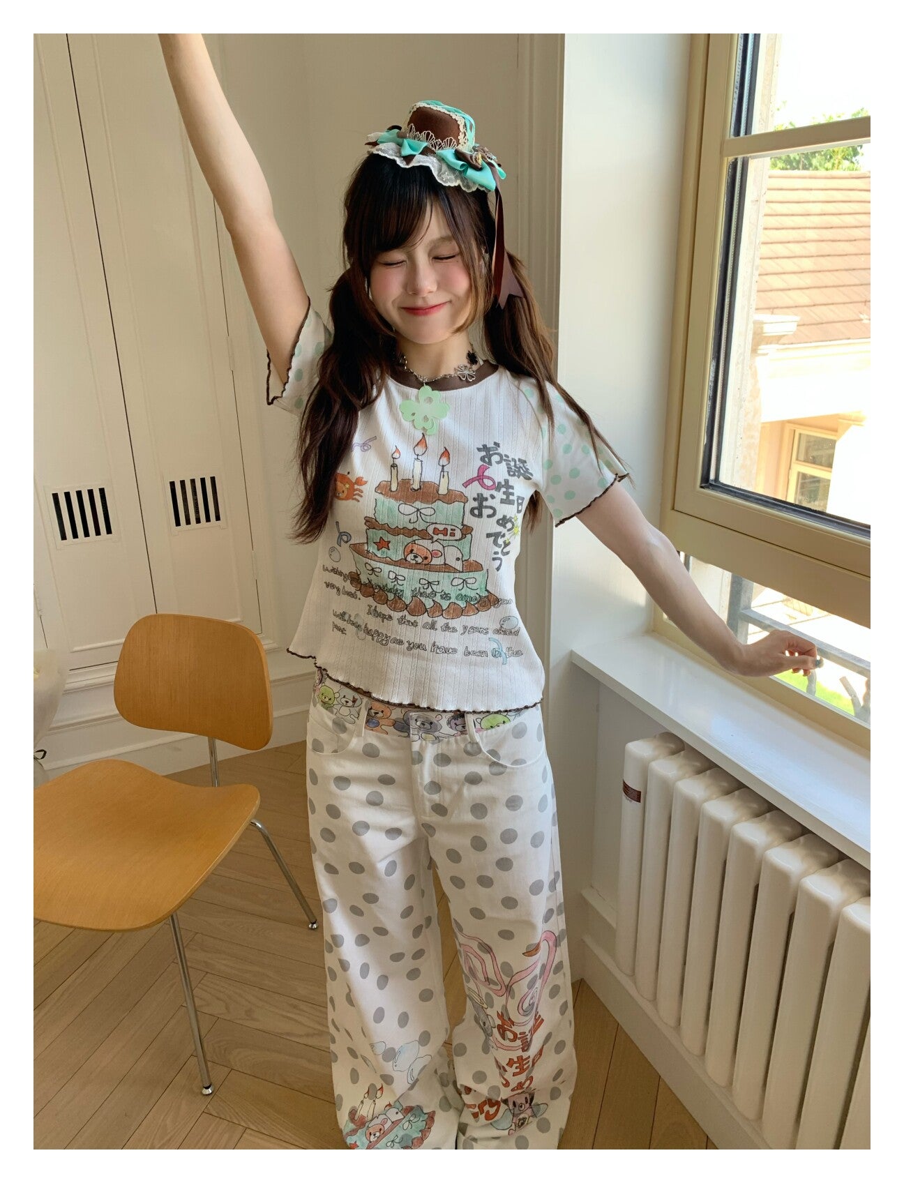 Happy Birthday Bear Gray Polka Dot Wide-Leg Pants