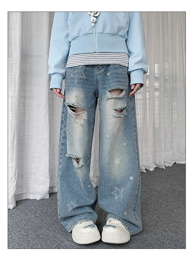 Blue Star Ripped Wide-Leg Jeans