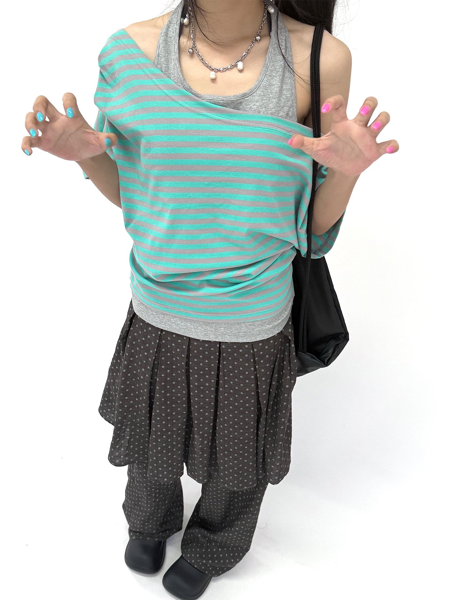 Mint Stripe Off-Shoulder Layered Halter Tee