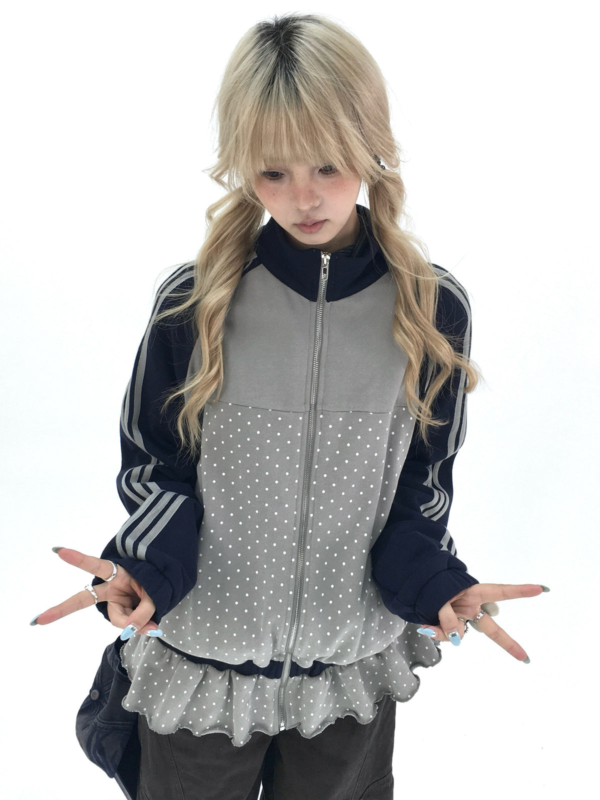 Gray Polka Dot Triple-Stripe Ruffle Zip Jacket