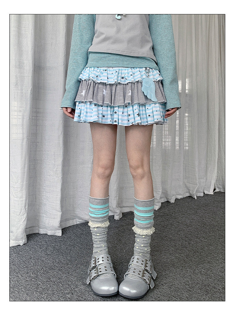 Soft Blue Star Stripe Tiered Ruffle Mini Skirt