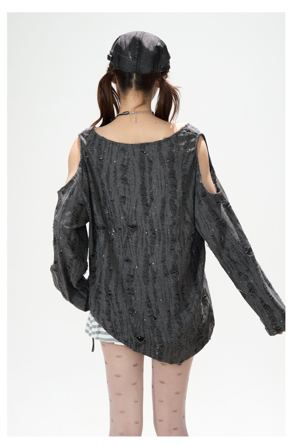 Distressed Cold-Shoulder Graphic Long Sleeve Top & Striped Drawstring Ruffle Mini Skirt