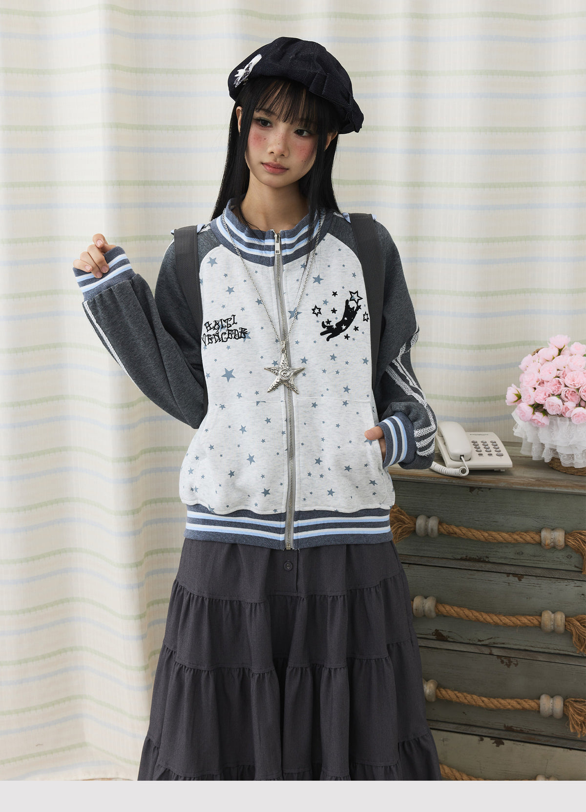 Star Contrast Zip-Up Hoodie