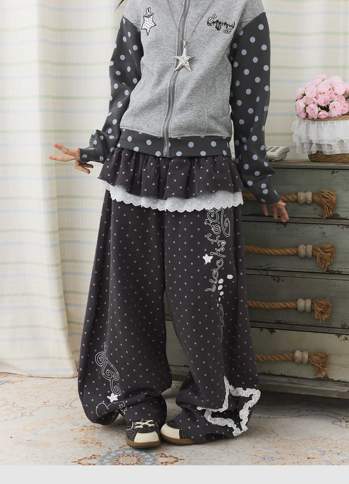 Polka Dot Lace Ruffle-Layer Wide-Leg Pants