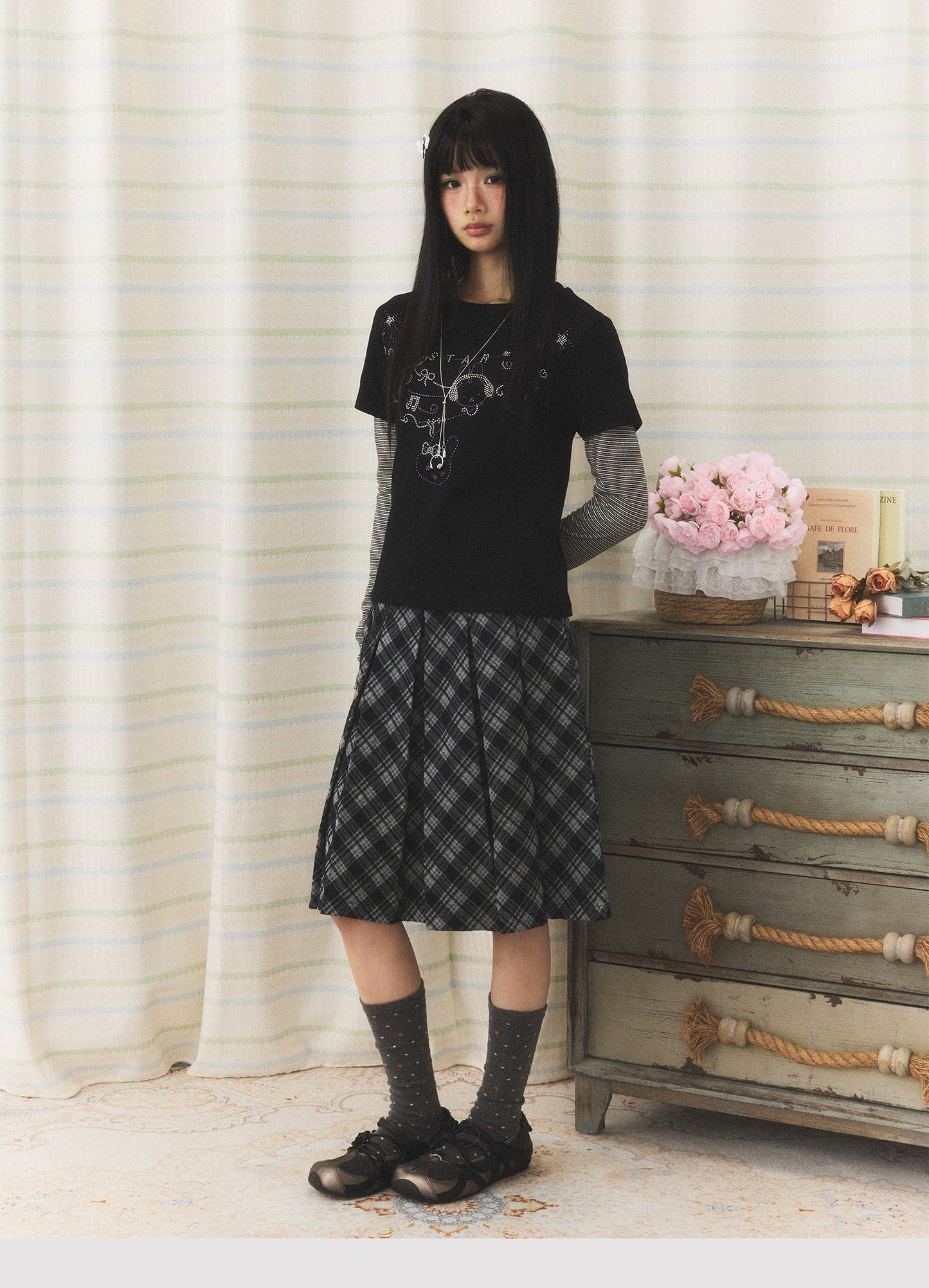 Rhinestone Melody Faux-Layer Stripe Long-Sleeve Tee