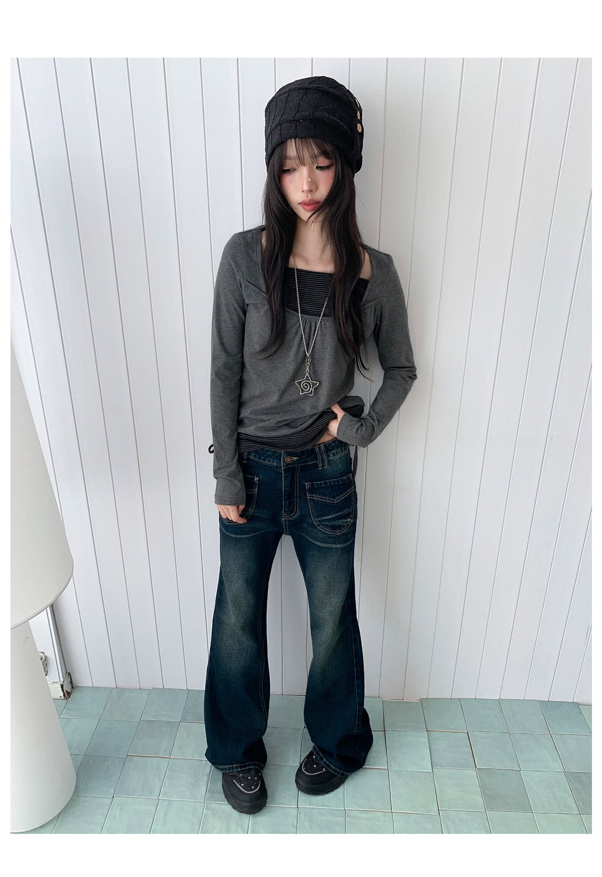 Striped Square-Neck Faux-Layer Drawstring Long Sleeve Top