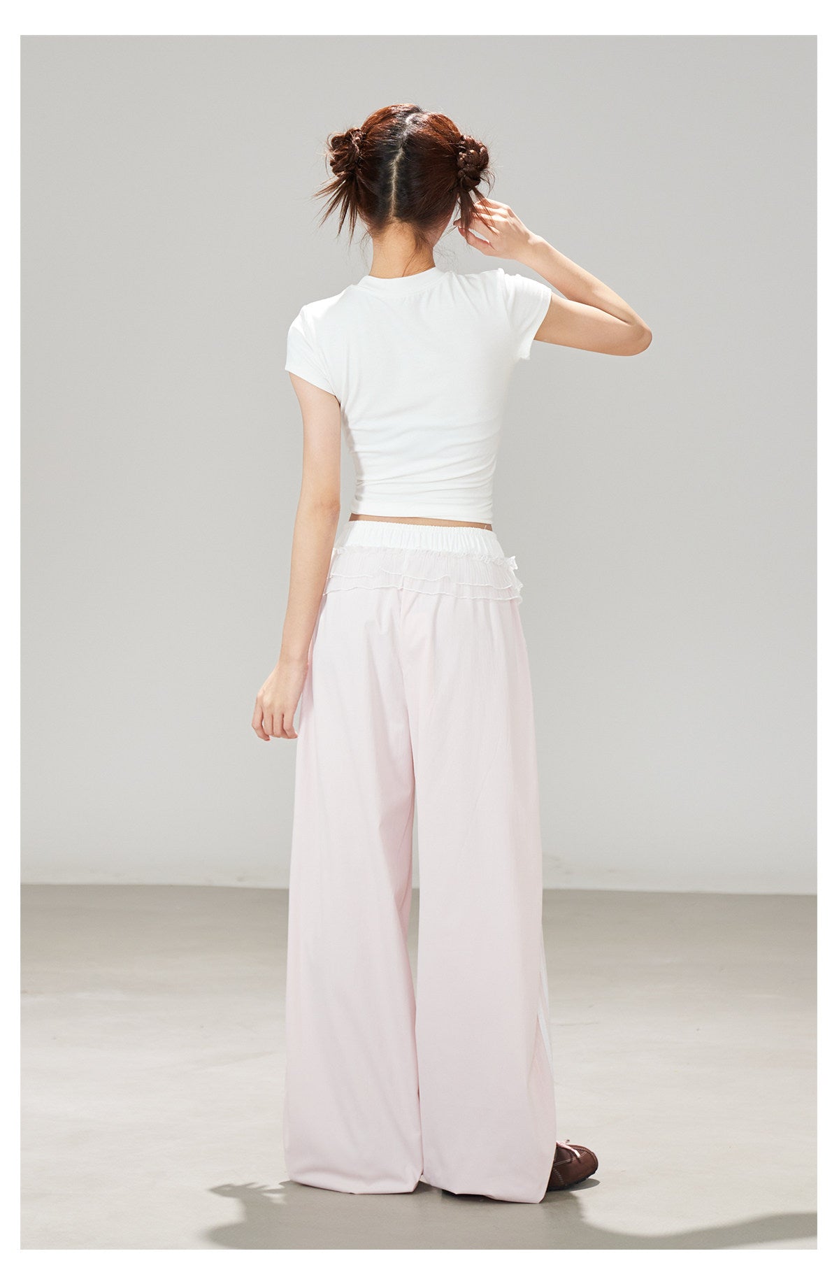 Ruffle Waist Side Stripe Wide-Leg Pants