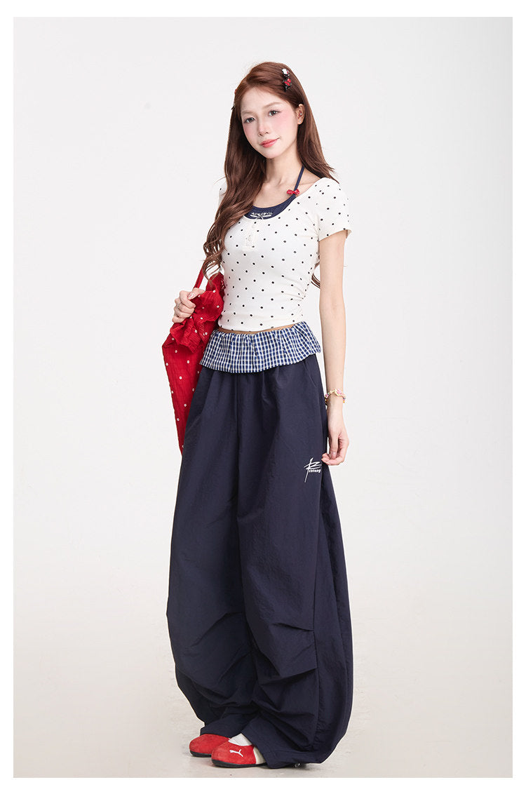Polka Dot Baby Tee & Navy Wide-Leg Pants