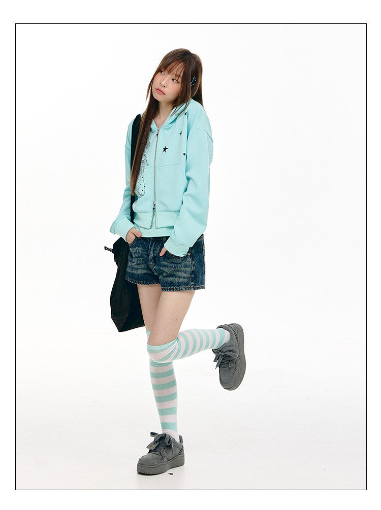 Mint Star Double-Zip Cropped Hoodie