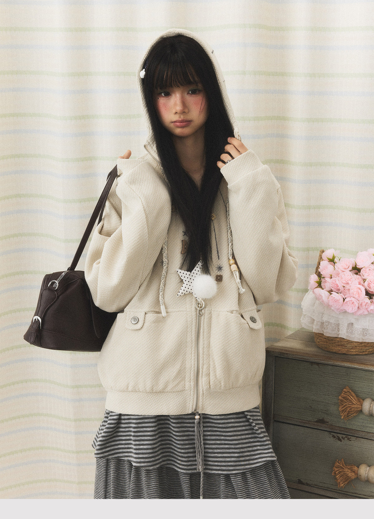 Star & Moon Embroidered Zip-Up Hoodie