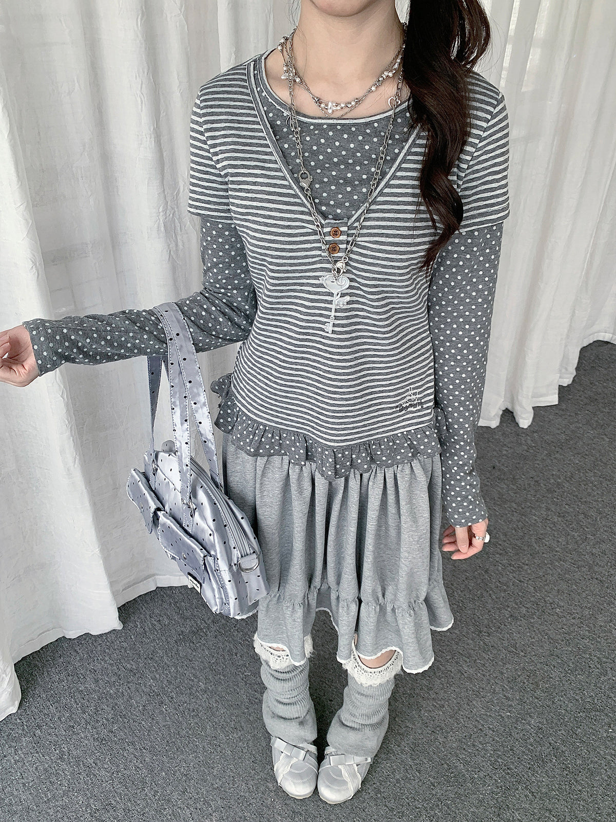 Polka Dot Stripe Ruffle Layered Long Sleeve Top