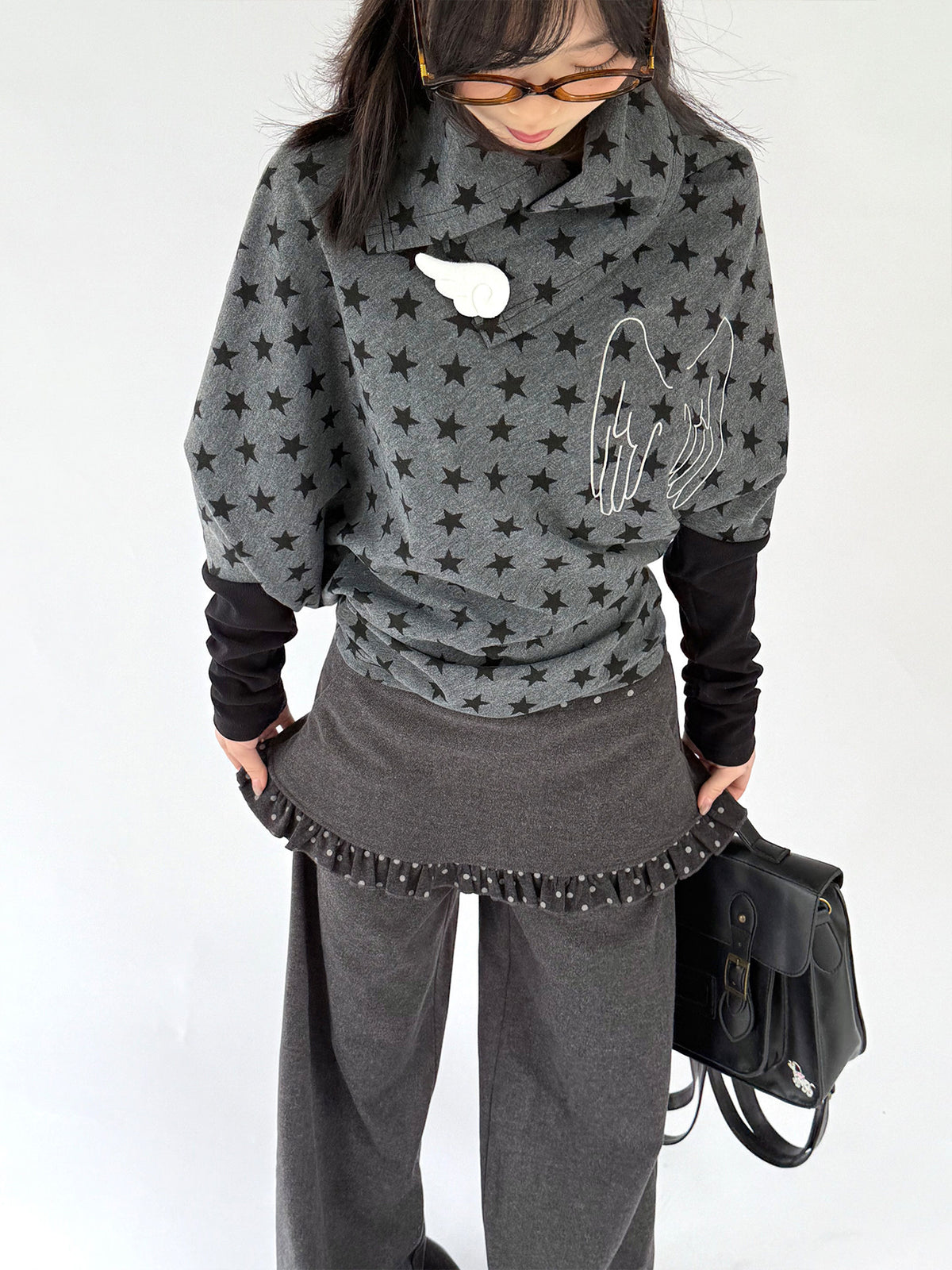 Asymmetric Star Drape Faux-Layer Long Sleeve Top