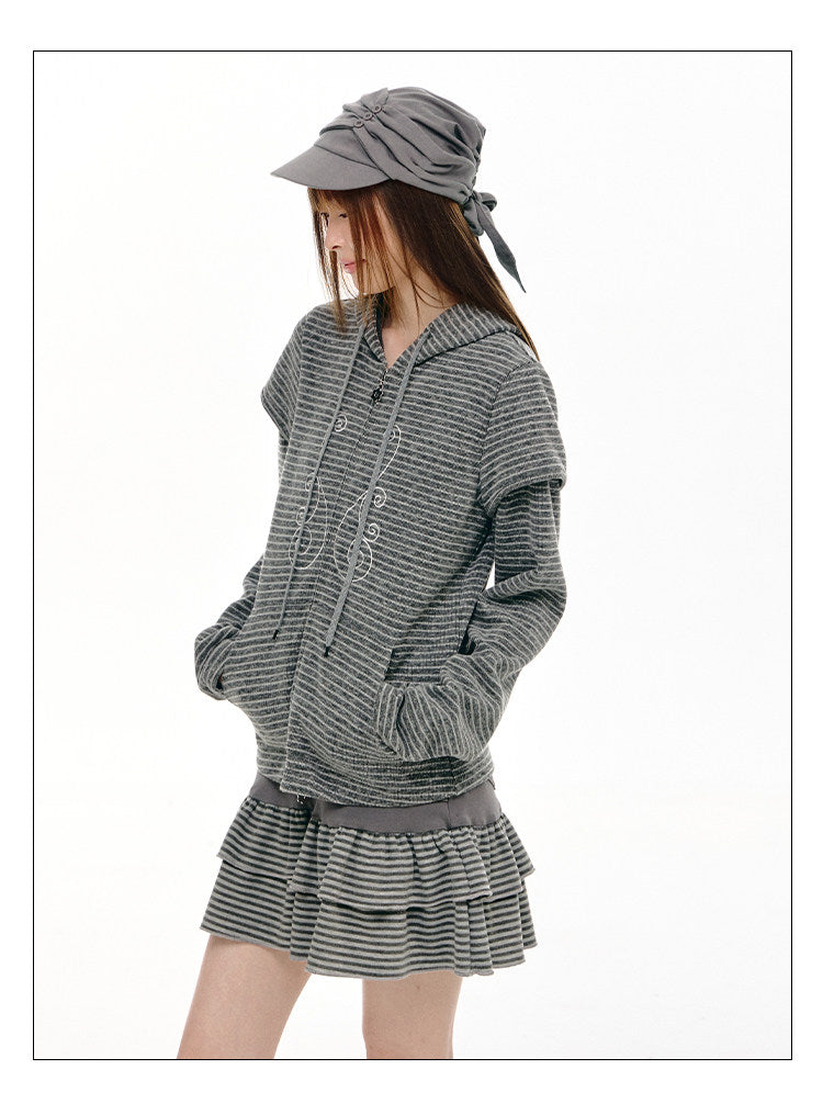 Charcoal Stripe Double-Ruffle A-Line Mini Skirt