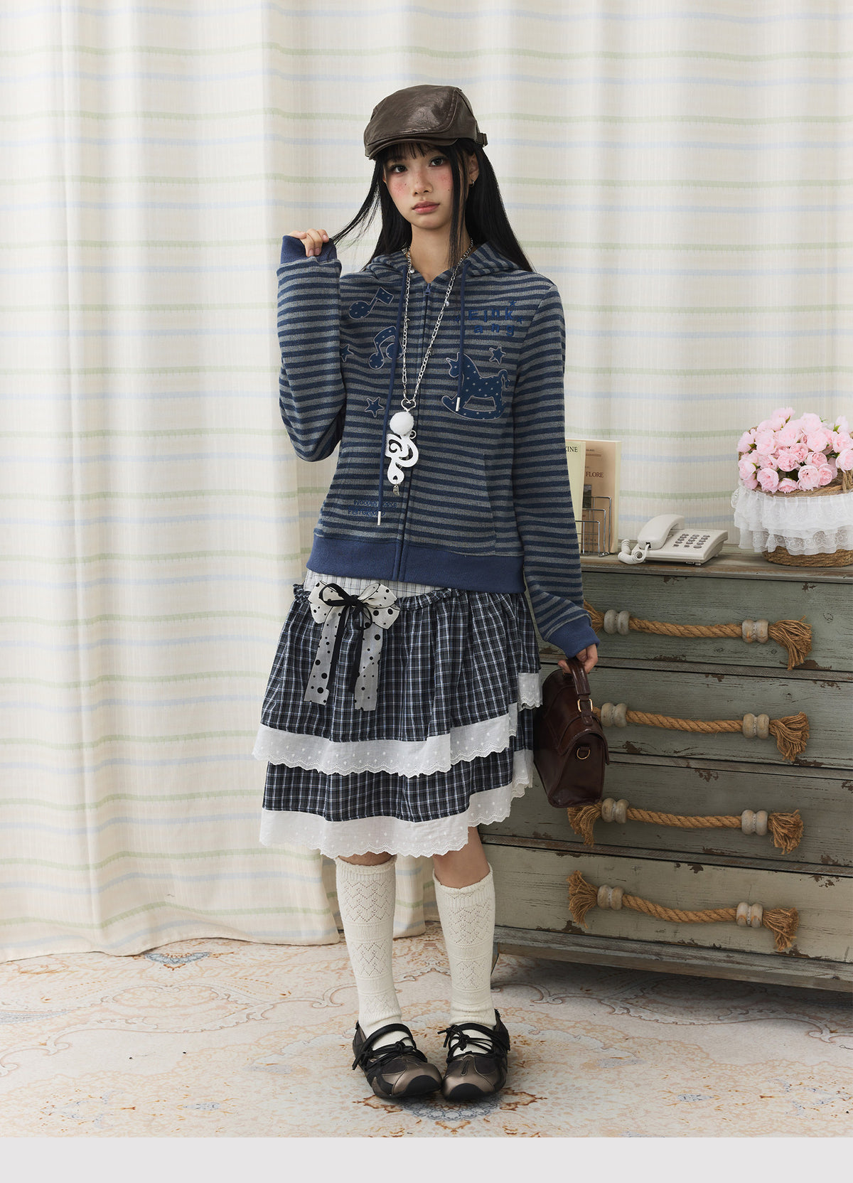 Striped Rocking Horse Embroidered Zip-Up Hoodie