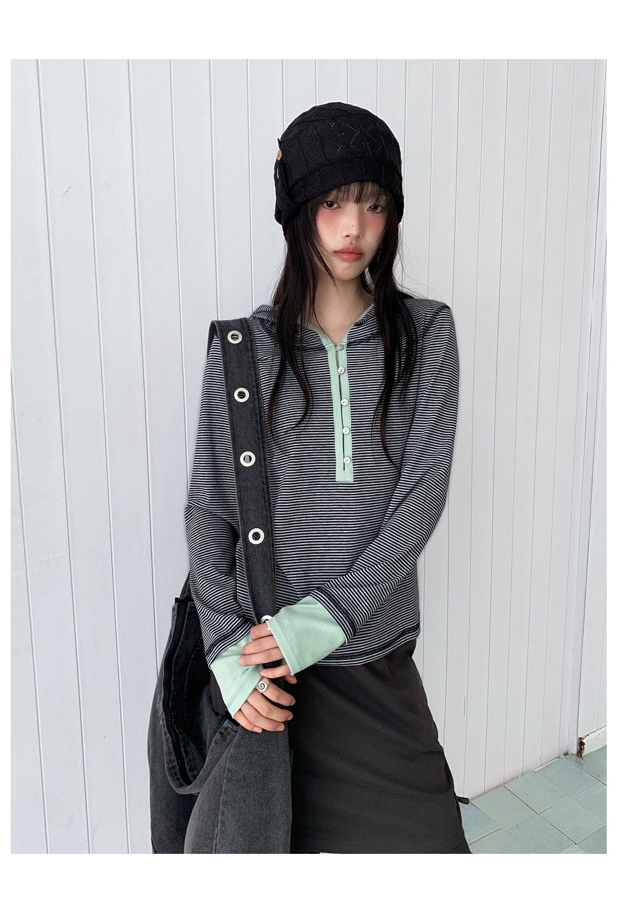 Blue-Gray Stripe Contrast Hooded Long Sleeve Top