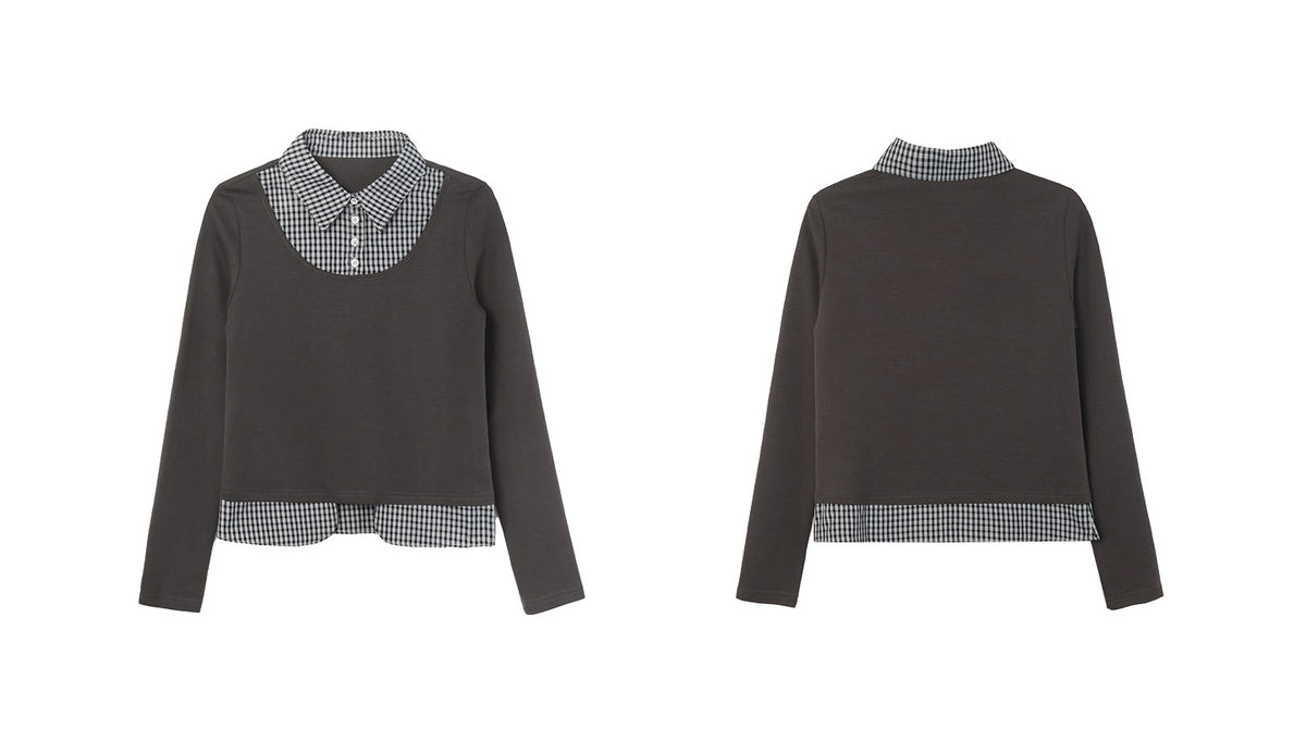 Plaid Collar Faux-Layer Long Sleeve Top