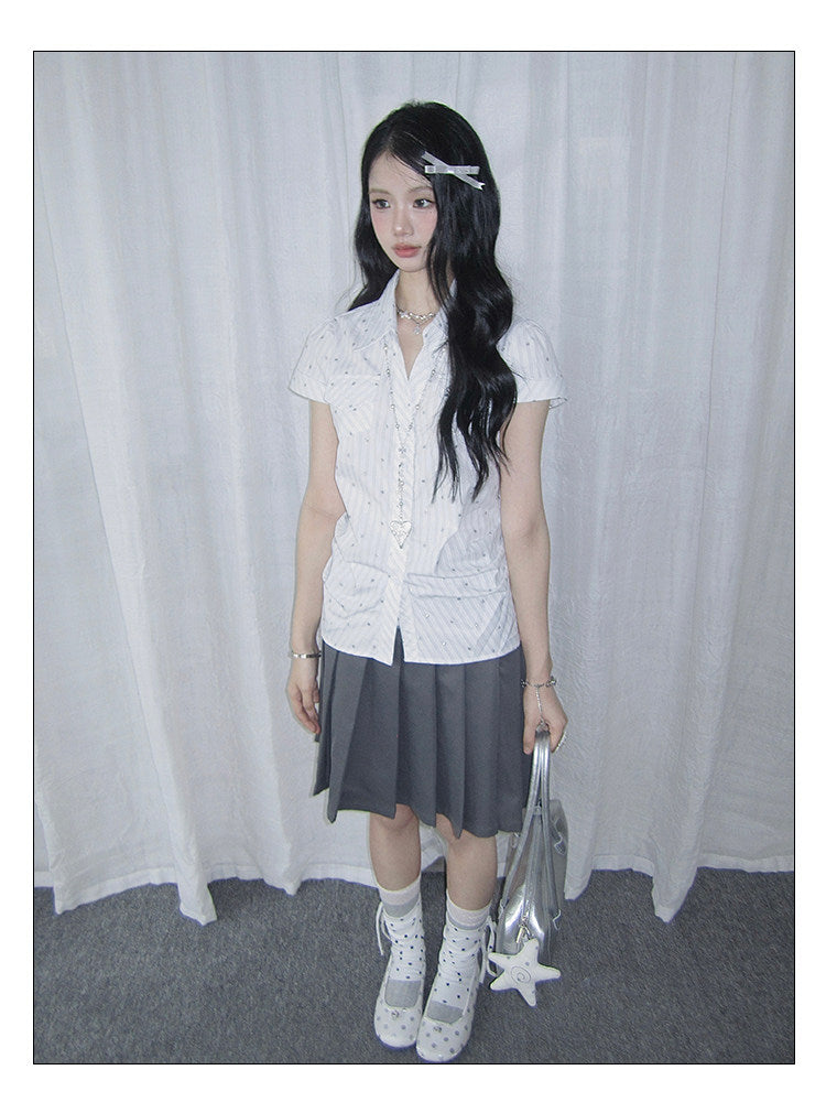 Silver Dot Pinstripe Fitted Short-Sleeve Shirt
