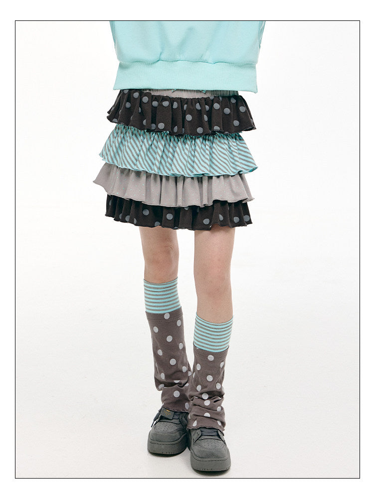 Gray Green Polka Dot & Stripe Tiered Mini Skirt