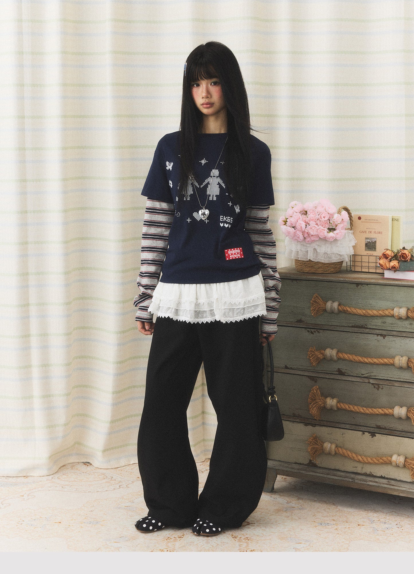 Navy Pixel Girl Stripe Faux-Layer Long-Sleeve Tee