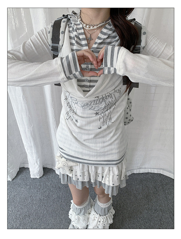 Draped Stripe-Collar Faux-Layer Long-Sleeve Top