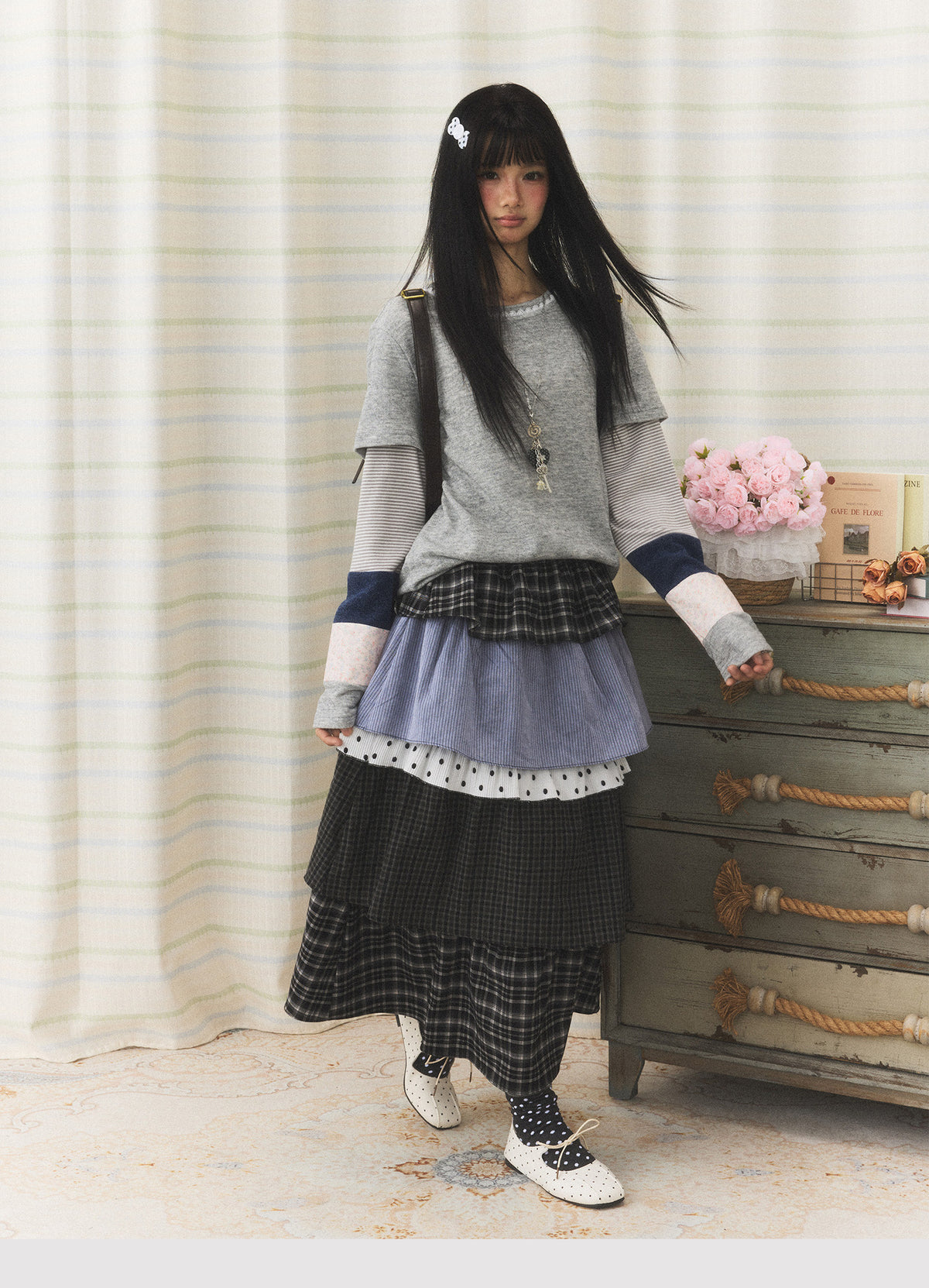 Mixed Plaid Tiered Patchwork Midi Skirt