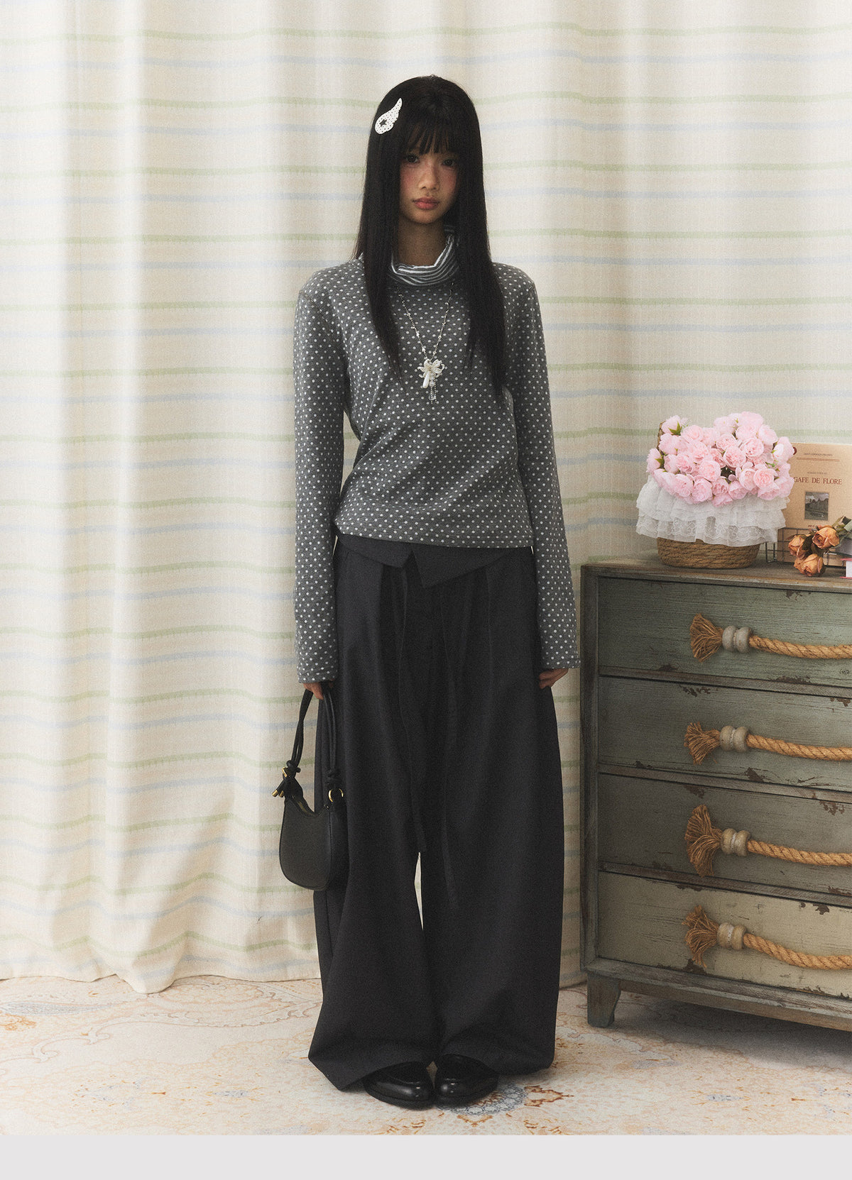 Polka Dot Contrast Turtleneck Long Sleeve Top