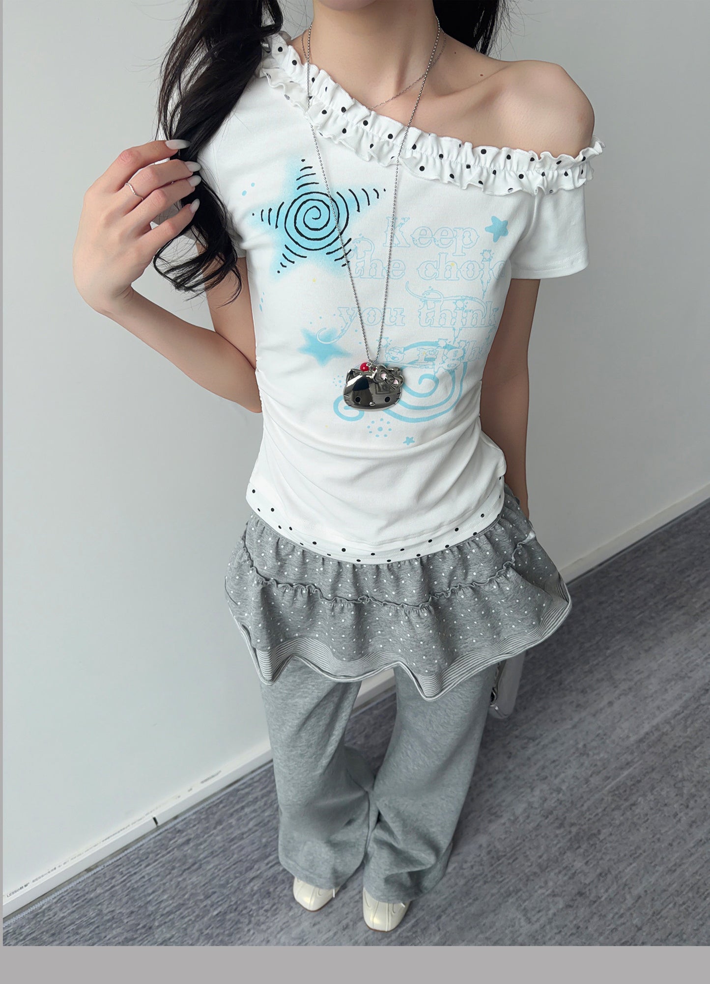 Blue Star Polka Dot Ruffle One-Shoulder Tee