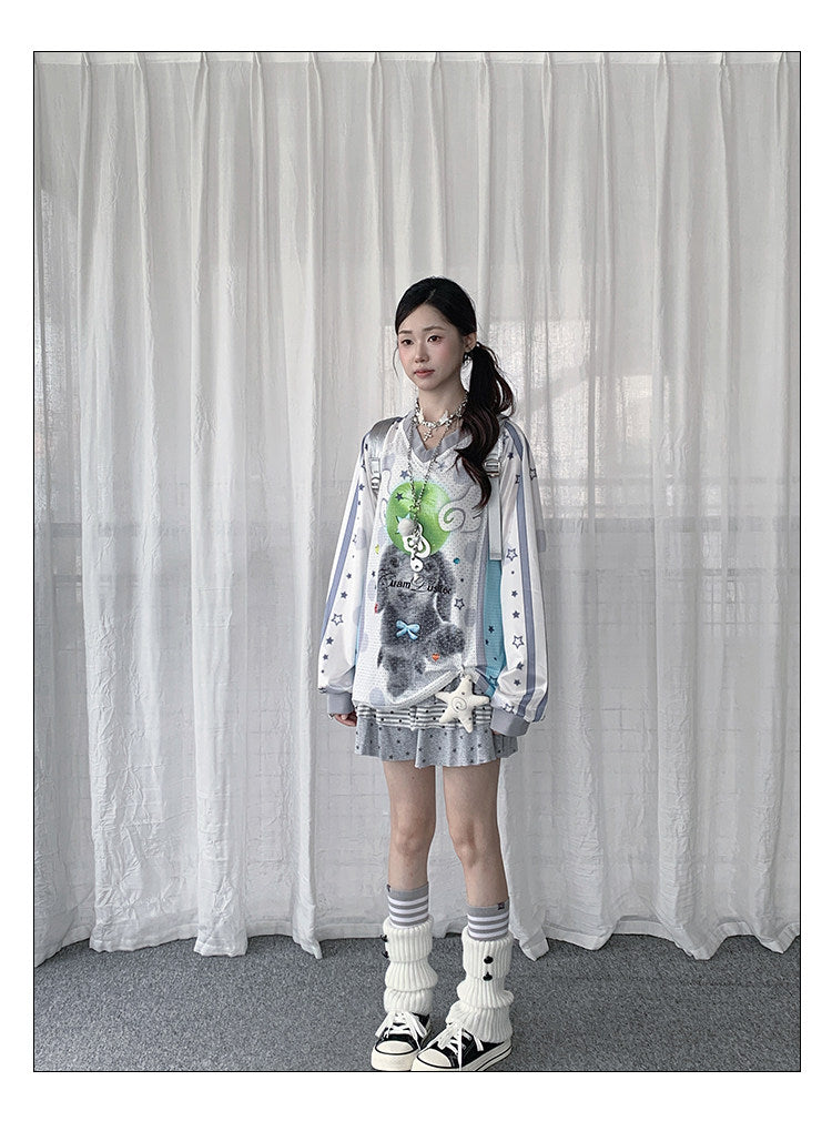 Puppy Star Graphic V-Neck Jersey Long Sleeve Top