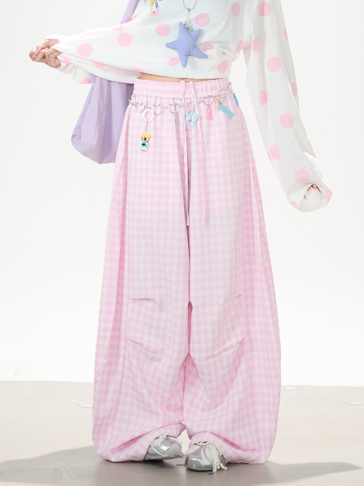 Gingham Oversized Wide-Leg Cargo Pants