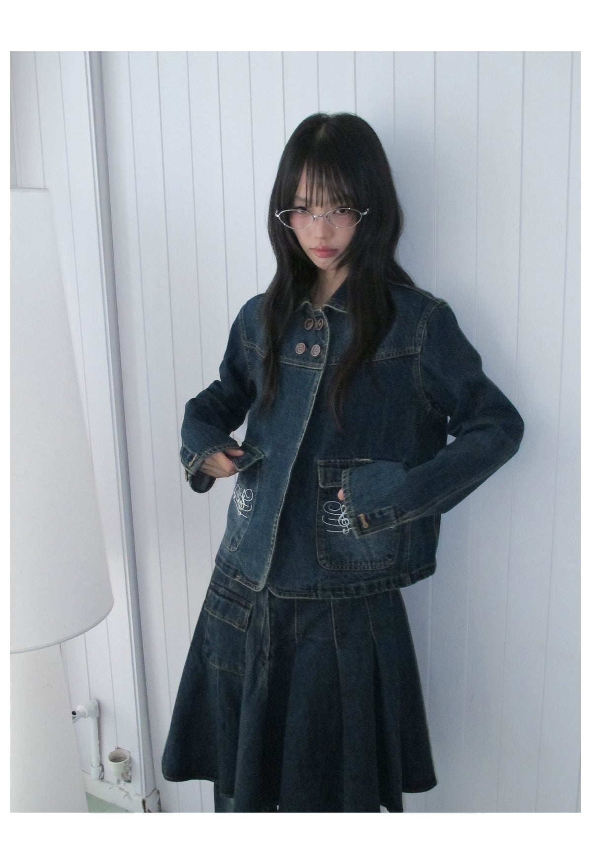 Washed Denim Music-Note Embroidered Jacket
