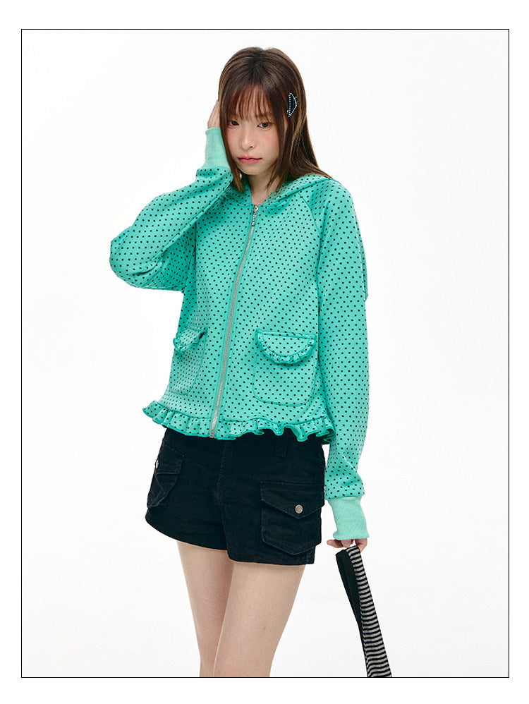 Mint Micro-Star Ruffle-Hem Zip-Up Hoodie