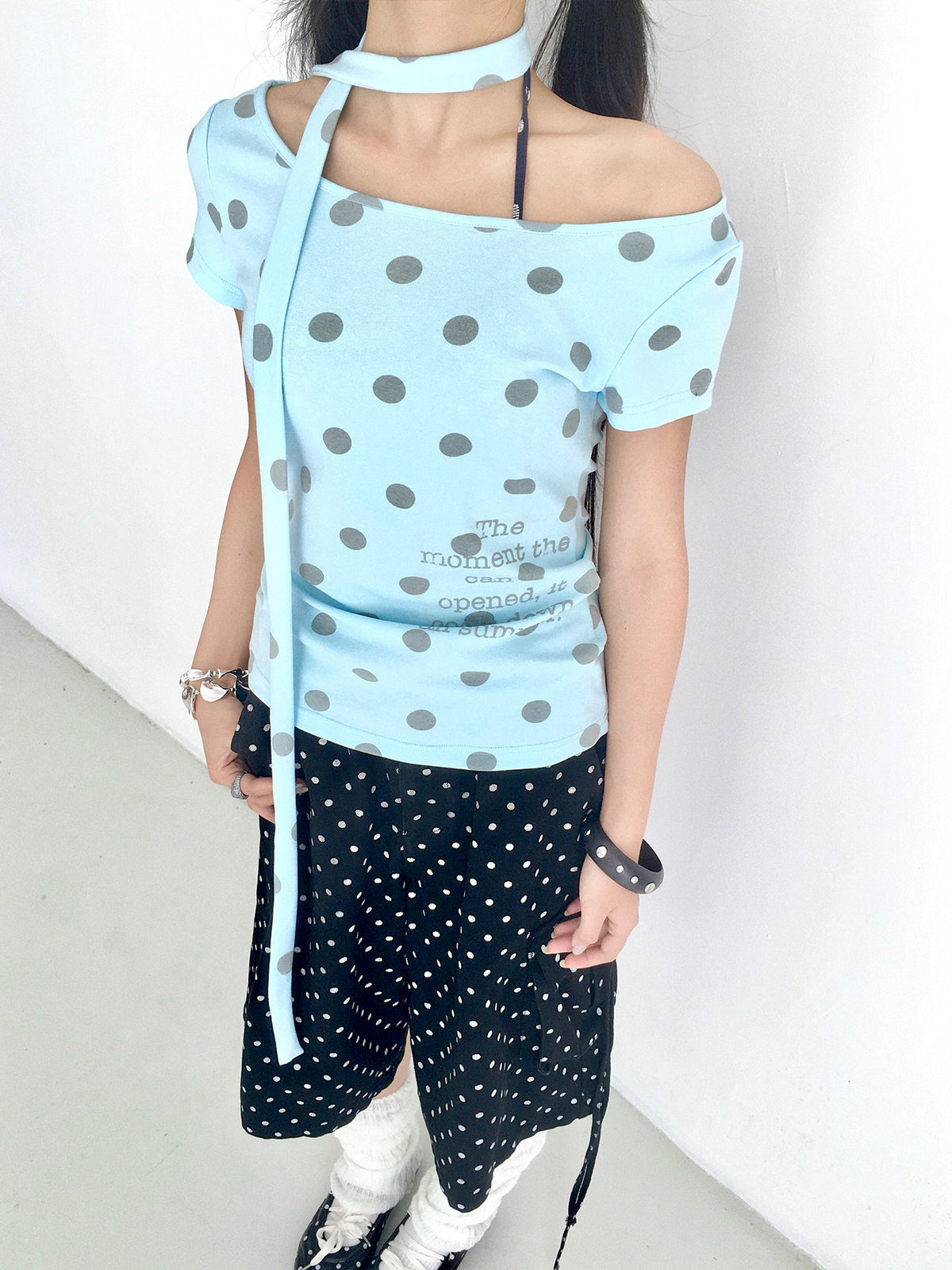 Polka Dot Scarf Short Sleeve Top